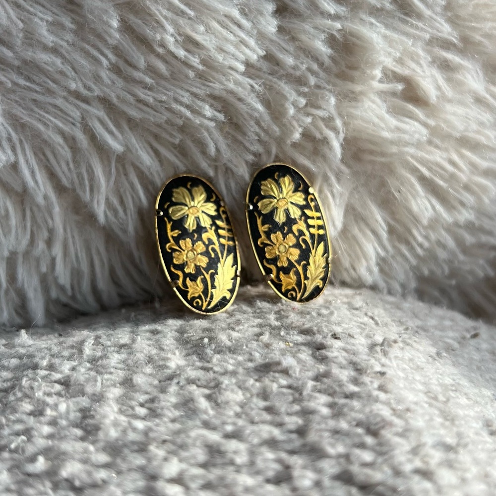 Vintage Damascene Clip On Earrings